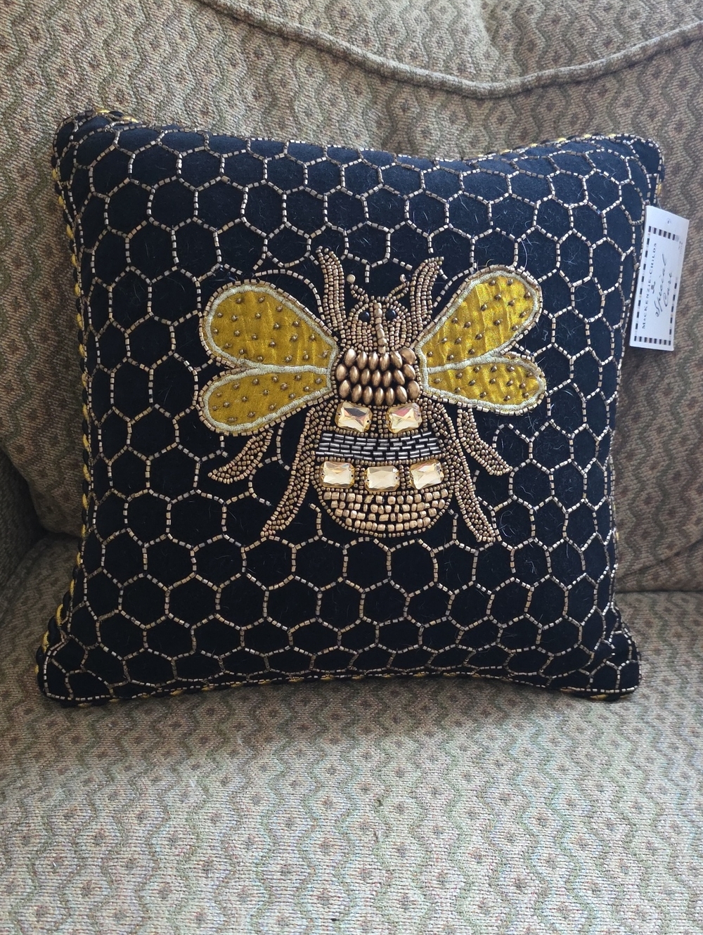 MacKenzie-Childs Queen Bee Black Velvet Beaded Pillow NWT